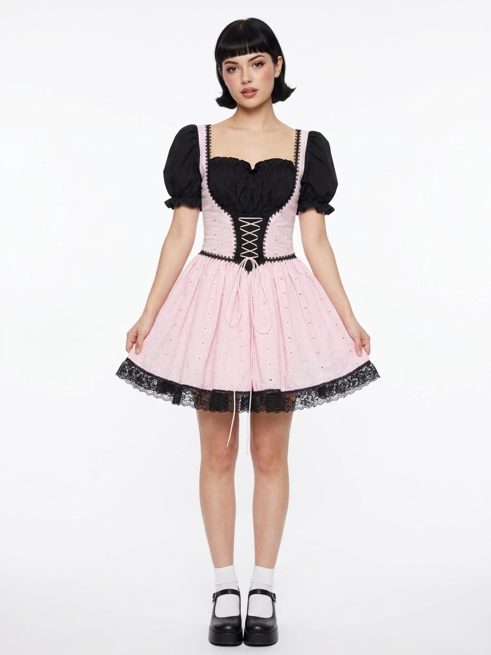 VTG Jeannie Nitro Pink Black Eyelet Corset Dress M Pastel Goth Milkmaid